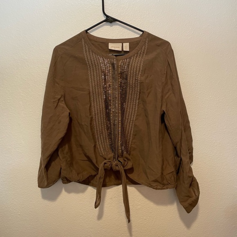 Chico’s Cara Tie Front Blouse Button Front Sequin Embellishments Embroidered